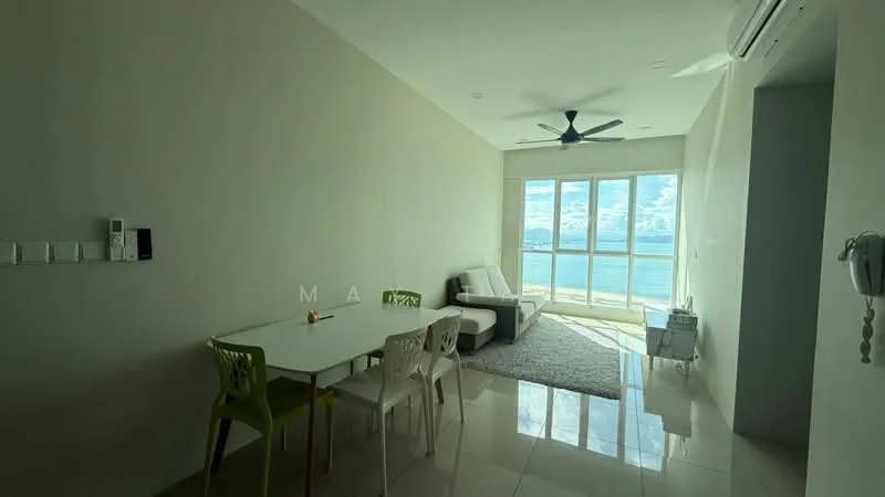 Living features: floor-to-ceiling windows, white painted walls, polished tile flooring, 5-blade ceiling fan with light, sofa, dining table, 3 dining chairs, area rug, ocean view; style: modern; view: sea.