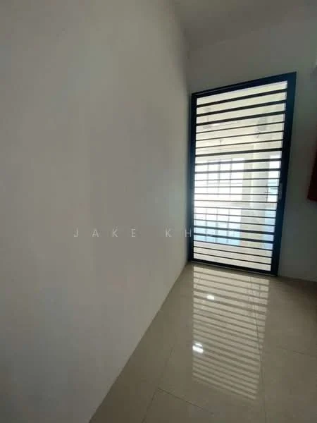 Room features: white painted walls, glossy tile flooring, sliding door with horizontal slats, natural light from outside.