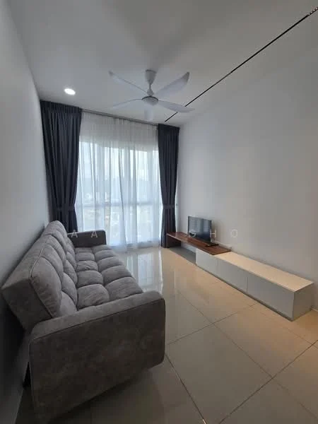 Living features: 3-seater fabric sofa in grey, wall-mounted TV, TV console in white, large floor-to-ceiling windows, sheer curtains, grey accent wall, recessed downlights, polished tile flooring, ceiling fan with light; style: modern; view: city.