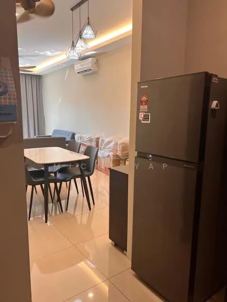 Room features: grey fabric sofa, 4-seater dining table, black dining chairs, stainless-steel fridge, wall-mounted split AC, recessed ceiling lights, cream painted walls, glossy tile flooring; style: modern.