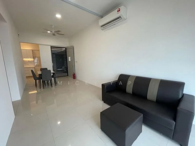 Living features: 3-seater leather sofa in black, ottoman, white painted walls, polished ceramic tile flooring, ceiling fan, wall-mounted split AC, recessed downlights, dining area visible in background, open layout; style: modern.