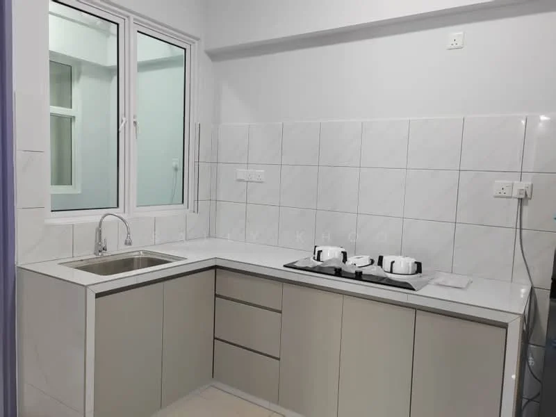 Kitchen features: single-bowl stainless-steel sink, chrome pull-down faucet, white quartz countertop, white tiled backsplash, built-in cabinetry with flat-panel doors, 4-burner gas hob, wall-mounted electrical outlets, floor-to-ceiling window, light-colored flooring; style: modern.