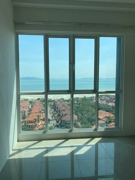 Room features: floor-to-ceiling windows, sea view, city view, white painted walls, polished tile flooring, natural light, window treatments, open layout; style: modern; view: sea.