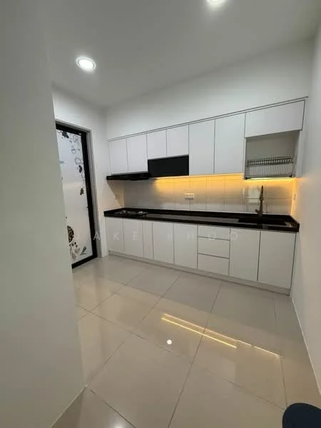 Kitchen features: white flat-panel cabinets, black granite countertop, stainless-steel sink, chrome pull-down faucet, built-in oven, 4-burner gas hob, tile backsplash, recessed LED downlights, ceramic tile flooring, under-cabinet lighting; style: modern.