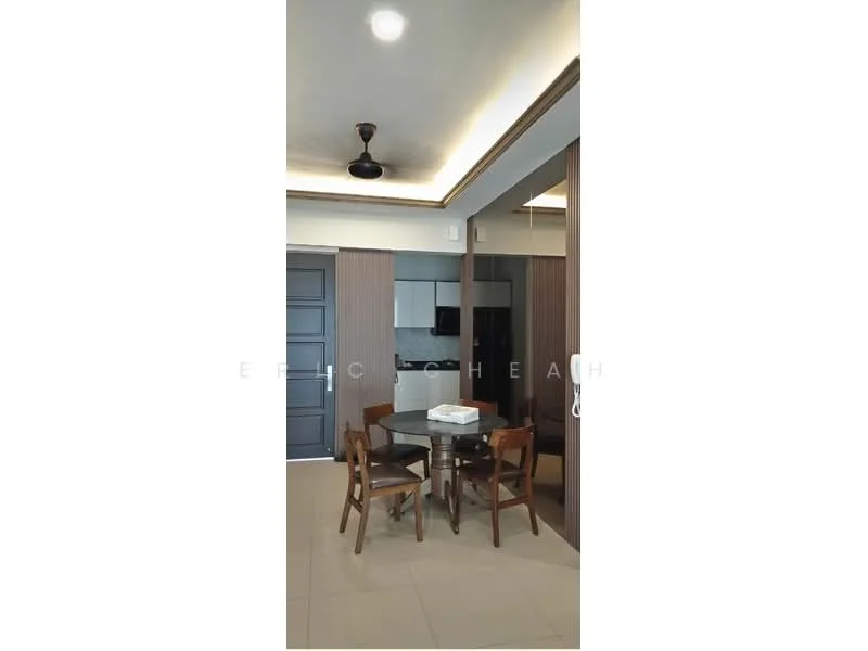 Dining features: round dining table, 4 wooden dining chairs, ceiling fan, recessed downlights, cream painted walls, tile flooring, crown moulding, kitchen area visible in background; style: modern.