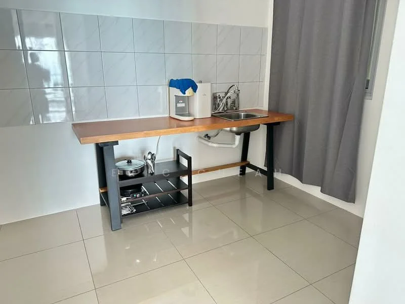 Kitchen features: wooden countertop, stainless-steel sink, chrome faucet, grey tiled backsplash, white tiled walls, ceramic tile flooring, open shelving unit, curtain on window; style: modern.
