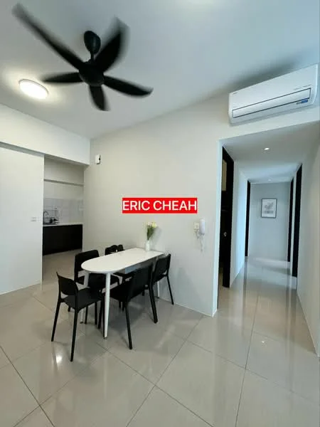 Dining features: white dining table, 4 black dining chairs, wall-mounted air conditioning unit, ceiling fan with 5 blades, cream tiled flooring, light grey painted walls, open layout to kitchen, doorway leading to hallway; style: modern. Kitchen features: black cabinetry, countertop, kitchen appliances visible; style: modern. Hallway features: light grey painted walls, cream tiled flooring, doorway leading to other rooms.