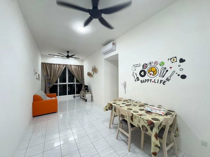 Living features: white painted walls, glossy white tile flooring, 2 ceiling fans, large window with city view, orange fabric sofa, dining table with patterned tablecloth, 4 wooden dining chairs, decorative wall stickers, curtains, air conditioning unit; style: modern; view: city.