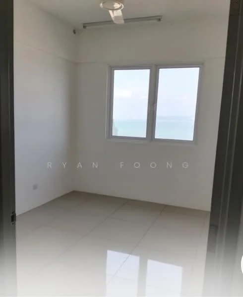 Room features: white painted walls, glossy tile flooring, floor-to-ceiling window, sea view, ceiling fan; style: modern; view: sea.