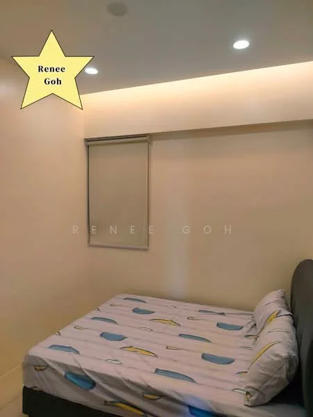 Bedroom features: single bed with patterned bedding, grey upholstered headboard, white painted walls, recessed ceiling lights, window with roller blinds, light-colored flooring, decorative wall paneling, minimalist decor; style: modern.