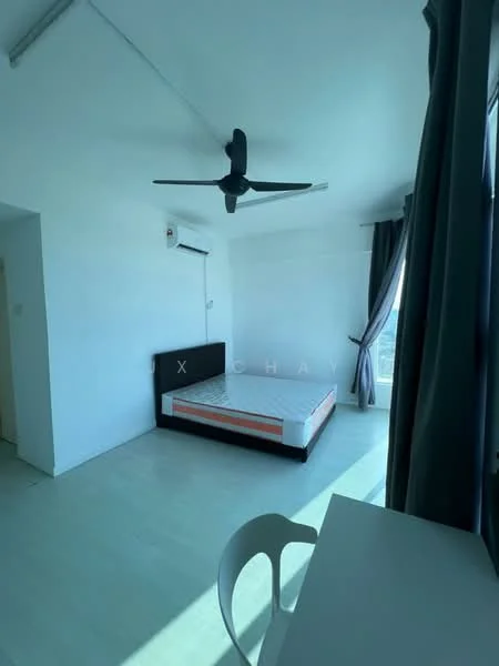 Bedroom features: white painted walls, light wood flooring, 5-blade ceiling fan, large window with city view, black bed frame without mattress, white desk, white chair, curtains in grey; style: modern; view: city.