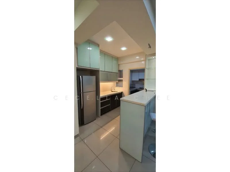 Kitchen features: white cabinets with glass fronts, black lower cabinets, stainless-steel fridge, built-in oven, ceramic tile flooring, white countertop, recessed LED downlights, single-bowl stainless-steel sink, chrome pull-down faucet, open shelving, bar stools, wall-mounted cabinets; style: modern.