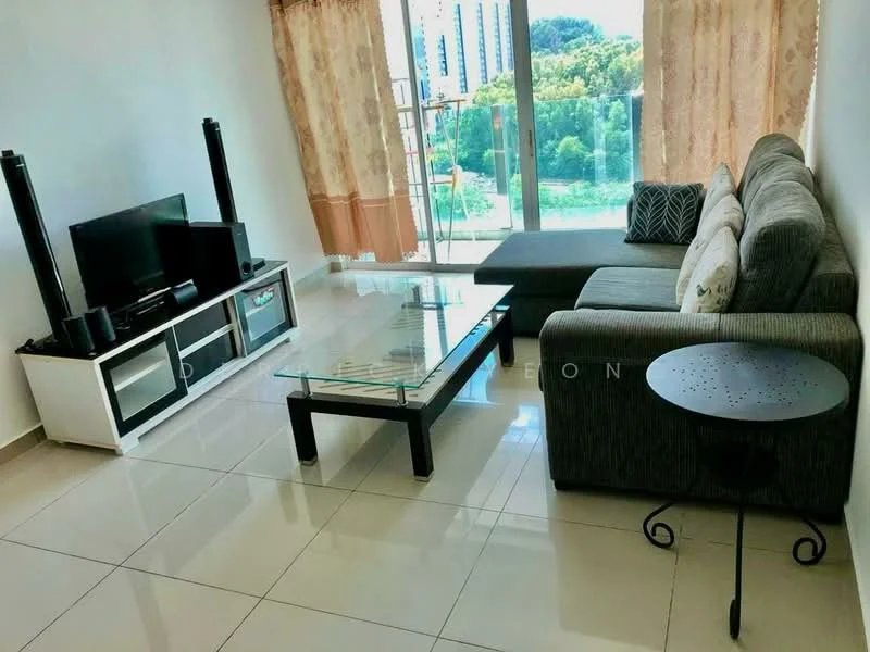 Living features: L-shape sectional sofa in grey, glass coffee table, TV console, wall-mounted TV, decorative side table, floor-to-ceiling windows, curtains, ceramic tile flooring, neutral painted walls, decorative cushions; style: modern; view: garden.