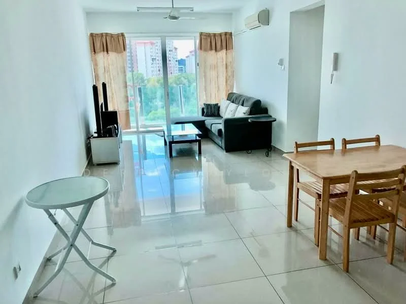 Living features: white painted walls, glossy ceramic tile flooring, 5-blade ceiling fan with light, floor-to-ceiling sliding glass door, sheer curtains, sofa in dark grey, coffee table, TV console, area rug, dining table with four chairs, small round side table; style: modern; view: garden.