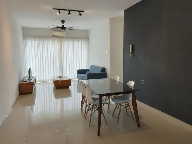 Living features: cream painted walls, grey accent wall, polished tile flooring, 5-blade ceiling fan with light, sofa in blue fabric, wooden coffee table, TV console, wall-mounted TV, dining table with 4 white chairs, floor-to-ceiling windows with sheer curtains, air conditioning unit; style: modern.