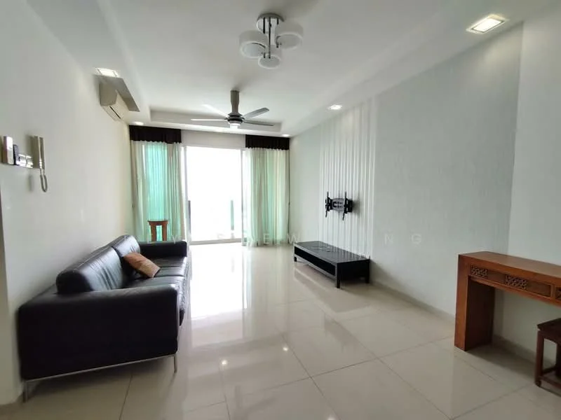 Living features: 3-seater leather sofa in black, coffee table, wall-mounted TV, TV console, ceiling fan with light, recessed downlights, floor-to-ceiling windows with sheer curtains, sliding glass door, white painted walls, glossy tile flooring, decorative wall panel, wooden side table; style: modern; view: city.