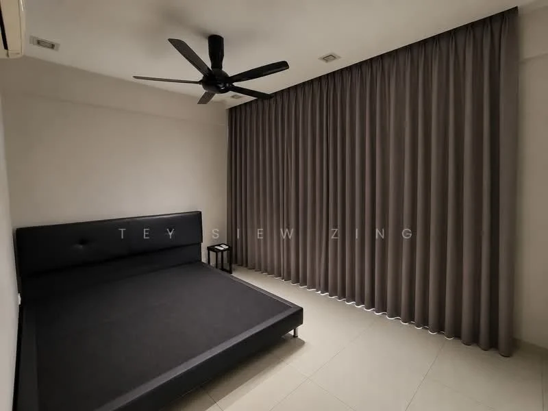 Bedroom features: black upholstered bed frame without mattress, grey curtains, ceiling fan, white painted walls, tile flooring, nightstand, air conditioning unit; style: modern.