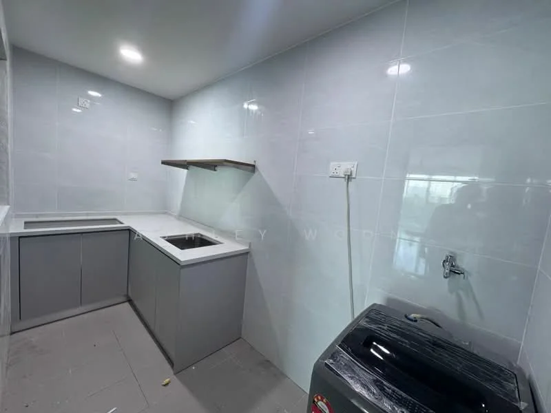 Kitchen features: grey cabinetry, white quartz countertop, single-bowl stainless-steel sink, chrome faucet, wall-mounted tap, tile backsplash, grey tiled flooring, open shelving, built-in washing machine, under-cabinet lighting; style: modern.