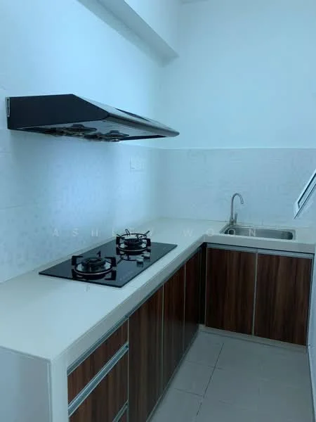 Kitchen features: white countertop, brown cabinetry, built-in gas hob with 2 burners, stainless-steel sink, wall-mounted range hood, white tiled backsplash, ceramic tile flooring, under-cabinet lighting; style: modern.