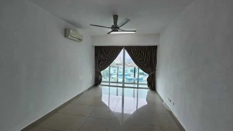 Living features: white painted walls, glossy tile flooring, 5-blade ceiling fan, floor-to-ceiling sliding glass door, sheer curtains, dark brown curtains, air conditioning unit, city view; style: modern; view: city.