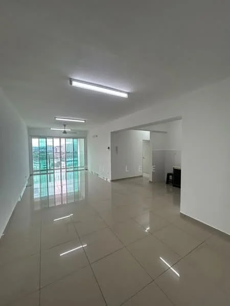 Living features: white painted walls, glossy ceramic tile flooring, recessed LED downlights, 5-blade ceiling fan, floor-to-ceiling windows, sliding glass door, open layout, natural light from windows; style: modern; view: city. Room features: white painted walls, glossy ceramic tile flooring, recessed LED downlights.