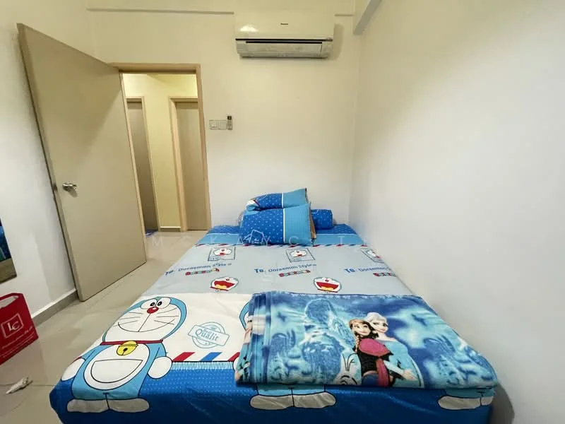 Bedroom features: single bed with blue bedding featuring cartoon characters, decorative pillows in blue, white painted walls, light-colored door, air conditioning unit on wall, tile flooring, window with sheer curtains, built-in wardrobe with sliding doors.