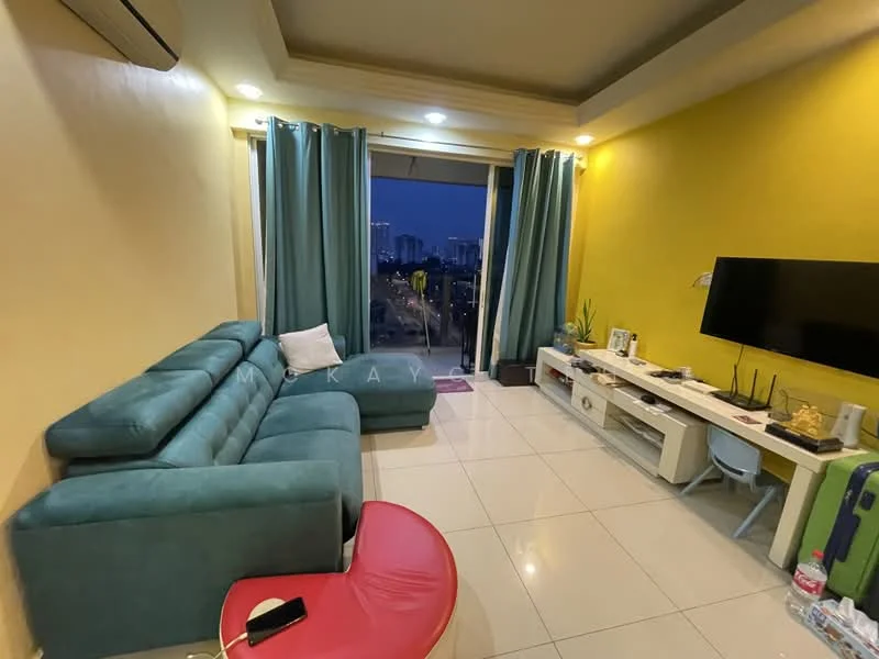 Living features: L-shape sectional sofa in teal, white TV console, wall-mounted TV, floor-to-ceiling windows, curtains in light green, white tiled flooring, decorative plants, area rug in red, ceiling-mounted air conditioning unit, wall-mounted lighting; style: modern; view: city.