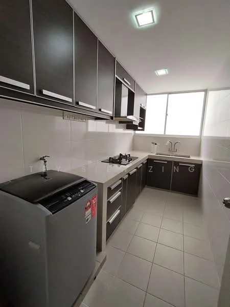 Kitchen features: dark wood cabinetry, white countertop, stainless-steel sink, chrome faucet, built-in gas hob, front-load washing machine, white tiled walls, grey tiled flooring, large window for natural light, under-cabinet lighting, modern light fixtures; style: modern.