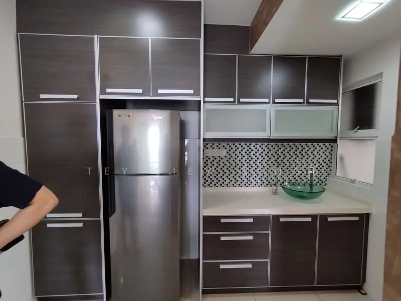 Kitchen features: dark wood cabinetry, white countertop, stainless-steel fridge, green glass bowl sink, black and white mosaic tile backsplash, built-in oven, under-cabinet lighting, ceramic tile flooring, recessed ceiling lights, glass-front upper cabinets; style: modern.