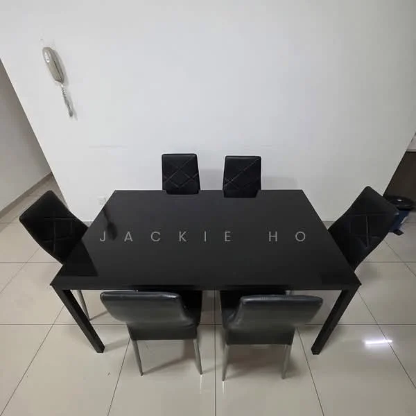 Dining features: black glass dining table, 4 black upholstered dining chairs, white painted walls, glossy tile flooring, overhead lighting, minimalist decor; style: modern.