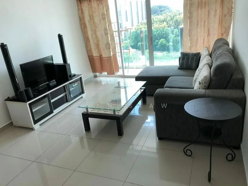 Living features: 3-seater fabric sofa in grey, coffee table with glass top, TV console with storage, wall-mounted TV, floor-to-ceiling windows, curtains with floral pattern, decorative throw pillows, side table with decorative design, glossy tiled flooring, view of greenery outside; style: modern; view: garden.