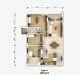 Floor plan: 3-bedroom 2-bathroom unit; features: open-plan kitchen-dining-living, master bedroom with ensuite bathroom, bedroom 2 with shared bathroom, utility room, balcony off living room, central foyer, 1 car porch, private terrace, all bedrooms with windows, straight corridor, laundry area.