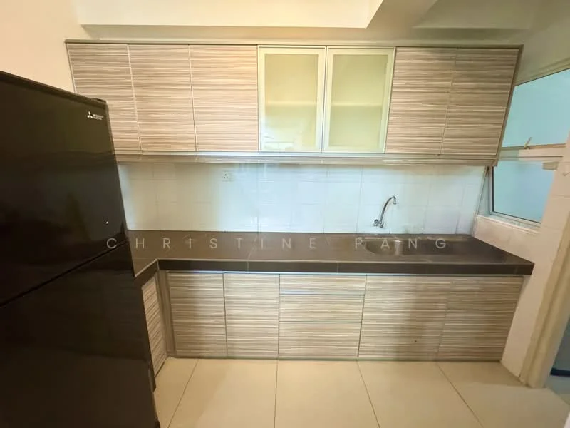 Kitchen features: laminate cabinetry with wood grain finish, black countertop, single-bowl stainless-steel sink, chrome pull-down faucet, white tiled backsplash, built-in refrigerator, floor-to-ceiling window, ceramic tile flooring, under-cabinet lighting; style: modern.