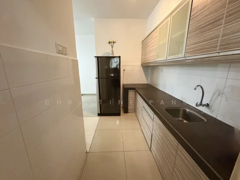 Kitchen features: dark countertop, single-bowl stainless-steel sink, chrome pull-down faucet, wooden cabinetry with light finish, white tiled walls, ceramic tile flooring, black fridge, open shelving, under-cabinet lighting; style: modern.