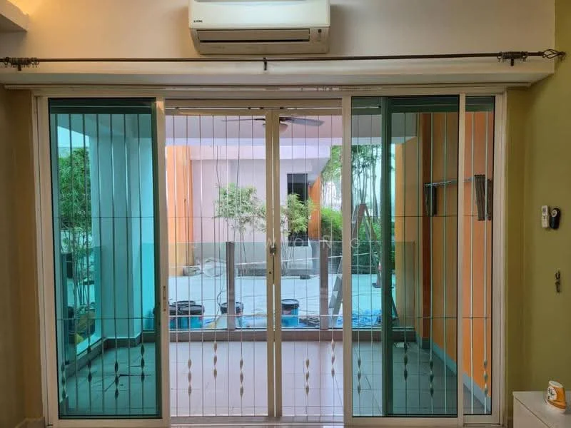 Room features: sliding glass door, floor-to-ceiling windows, window treatments with vertical blinds, air conditioning unit, green wall, orange wall, outdoor view with garden, tile flooring; style: modern; view: garden.