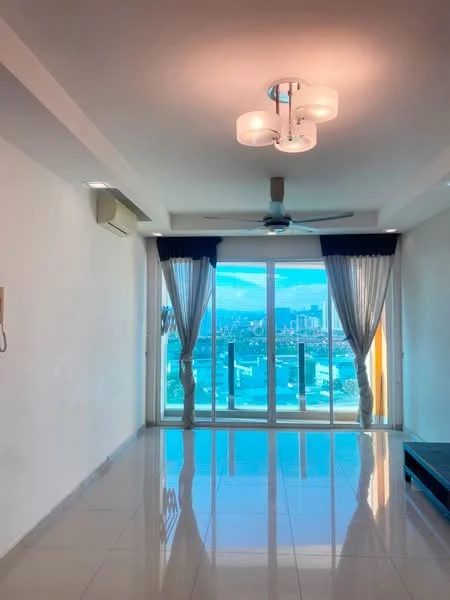 Living features: white painted walls, glossy tile flooring, 5-blade ceiling fan with light, recessed downlights, floor-to-ceiling sliding glass door, sheer curtains, city view, air conditioning unit; style: modern; view: city.