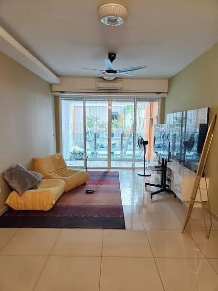 Living features: beige fabric sofa, area rug with geometric pattern, wall-mounted TV, TV console, sliding glass door, floor-to-ceiling windows, ceiling fan with light, cream painted walls, glossy tile flooring; style: modern; view: garden.