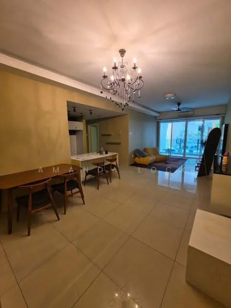 Living features: cream painted walls, polished ceramic tile flooring, chandelier with multiple bulbs, sofa in beige, coffee table, TV console, floor-to-ceiling windows, sliding glass door, curtains, dining table with 4 wooden chairs, ceiling fan, decorative wall art; style: modern; view: garden.