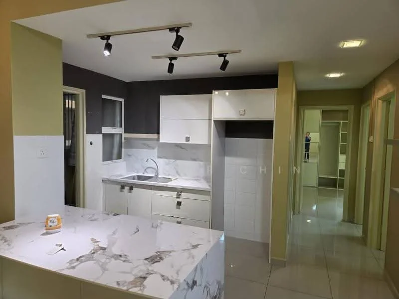 Kitchen features: marble countertop, white cabinetry, single-bowl stainless-steel sink, chrome pull-down faucet, tile backsplash, recessed LED downlights, track lighting, grey accent wall, ceramic tile flooring; style: modern. Room features: doorway leading to hallway, neutral wall color, light fixtures.