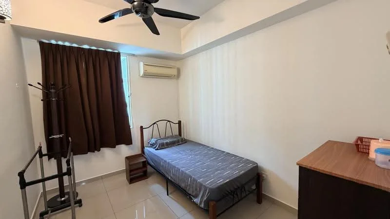 Bedroom features: single bed, grey bed linen, wooden bed frame, nightstand with drawer, ceiling fan, wall-mounted split AC, brown curtain, white painted walls, glossy tile flooring.