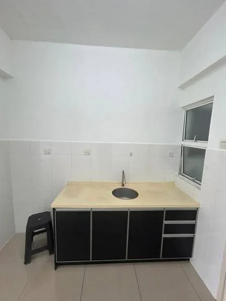 Kitchen features: black cabinetry, light-colored countertop, single-bowl stainless-steel sink, chrome faucet, white tiled walls, cream tiled flooring, window with white frame, stool; style: modern.