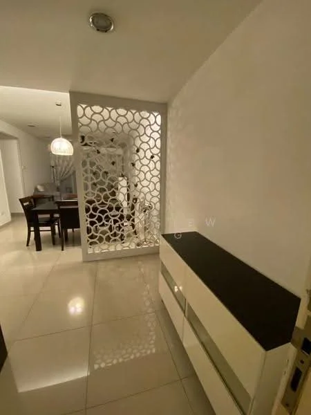 Room features: white painted walls, glossy tile flooring, decorative partition with geometric pattern, dark countertop, dining table with chairs visible in background, pendant light fixture, recessed ceiling lights; style: modern.