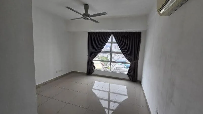 Room features: white painted walls, grey tiled flooring, floor-to-ceiling windows, blackout curtains, ceiling fan; view: city.