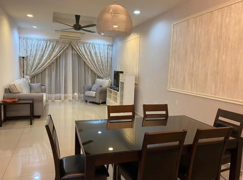 Dining features: dark wooden dining table, 6 dining chairs, white walls, recessed downlights, 5-blade ceiling fan, glossy tile flooring, decorative wall panel, curtains with sheer and blackout layers, sofa in light grey fabric, TV console, wall-mounted TV; style: modern. Living features: light grey fabric sofa, decorative cushions, TV console, wall-mounted TV, curtains with sheer and blackout layers, recessed downlights, glossy tile flooring; style: modern.