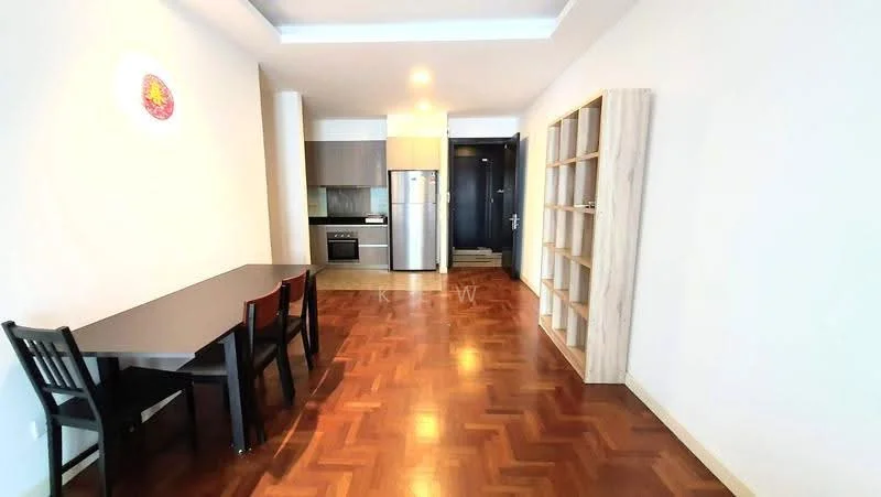 Living features: parquet wood flooring, white painted walls, recessed downlights, dining table with 4 chairs, built-in shelving unit, stainless-steel fridge, built-in oven, kitchen cabinetry, open layout, door leading to hallway; style: modern.