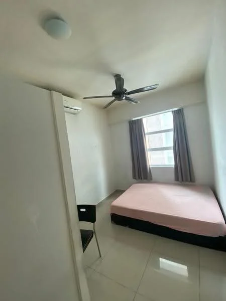 Bedroom features: single bed with pink mattress, white painted walls, glossy tile flooring, ceiling fan, floor-to-ceiling window, grey curtains, air conditioning unit, black chair; style: minimalist.