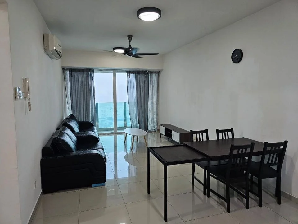 Living features: 3-seater fabric sofa in black, coffee table, TV console, wall-mounted TV, floor-to-ceiling windows, sheer curtains, recessed downlights, ceiling fan with light, glossy tile flooring, white painted walls, clock on wall, dining table with 4 chairs; style: modern; view: city.
