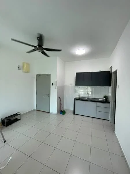 Kitchen features: white painted walls, tile flooring, 5-blade ceiling fan, recessed ceiling light, grey cabinetry, stainless-steel sink, chrome pull-down faucet, kitchen countertop, built-in kitchen appliances, open layout; style: modern.
