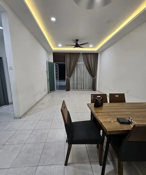 Dining features: dining table with wooden surface, 4 dining chairs in black, white painted walls, tile flooring, ceiling with recessed lighting, 5-blade ceiling fan, curtains in brown, sliding glass door, floor-to-ceiling windows; style: modern.