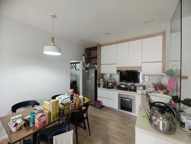 Kitchen features: white cabinetry, wooden countertop, stainless-steel fridge, built-in oven, 4-burner gas hob, kitchen island, pendant light, laminate flooring, wall-mounted TV, dining table with black chairs, various kitchen appliances, open shelving, sink, decorative plants; style: modern.